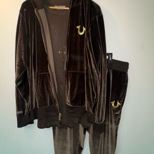 True Religion Brown Velvet Track Hoodie & Joggers with Gold Horseshoe